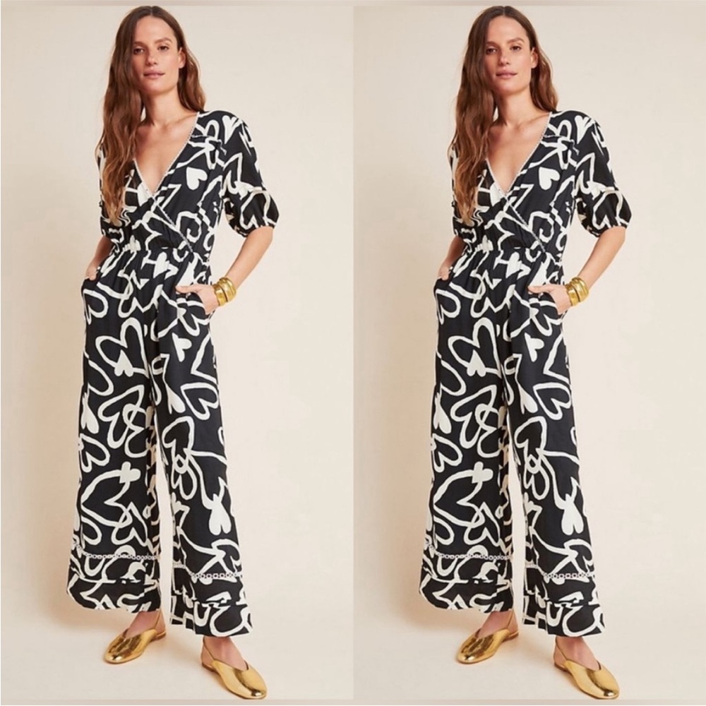 Farm Rio Black and White Heart Pattern Jumpsuit